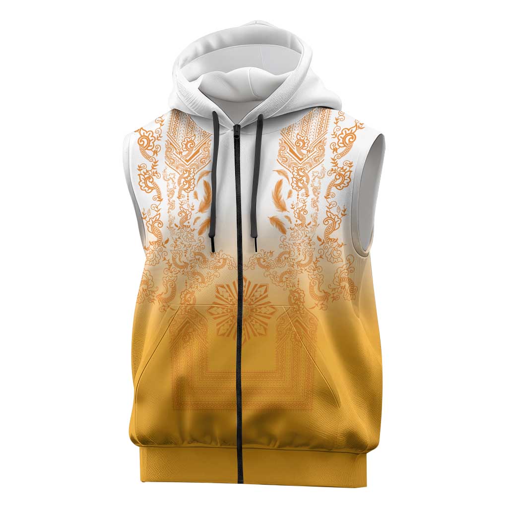 Philippines Barong Style Sleeveless Zip Hoodie with Polynesian Art and Leaf Motif Yellow Color