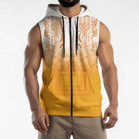 Philippines Barong Style Sleeveless Zip Hoodie with Polynesian Art and Leaf Motif Yellow Color