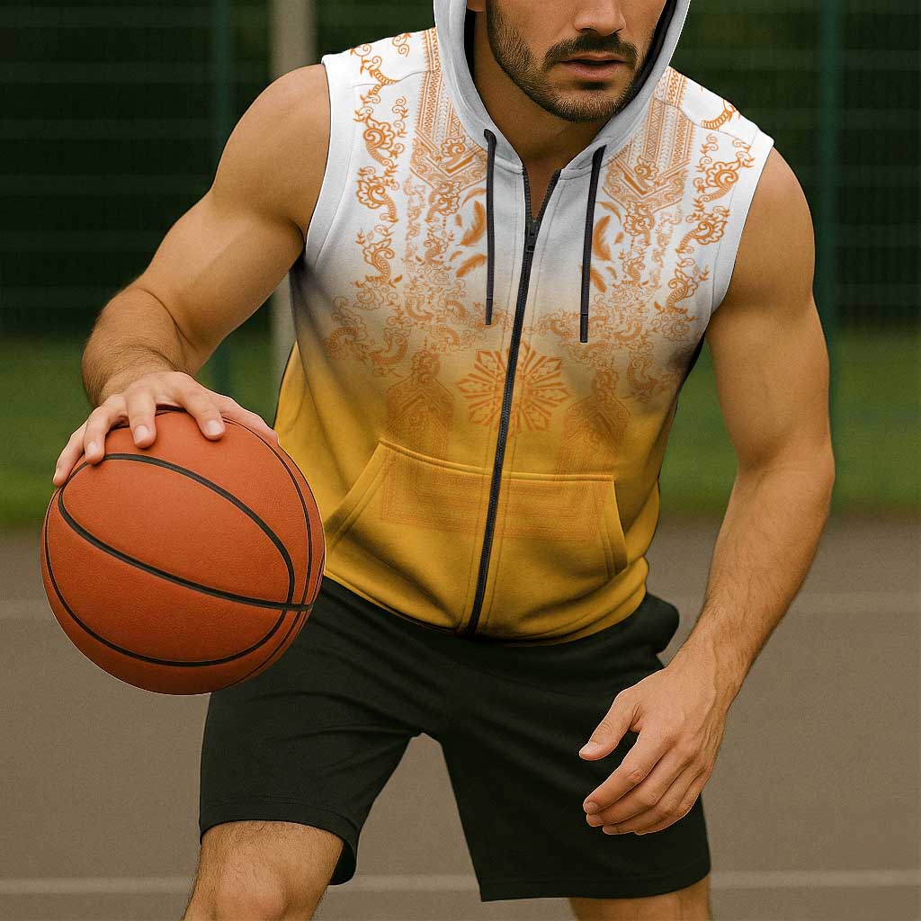 Philippines Barong Style Sleeveless Zip Hoodie with Polynesian Art and Leaf Motif Yellow Color