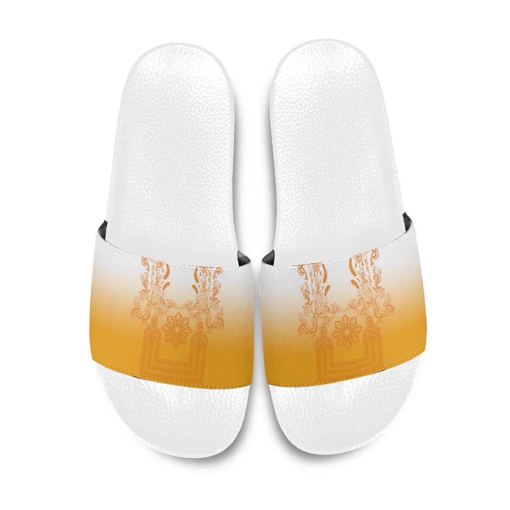 Philippines Barong Style Slide Sandals with Polynesian Art and Leaf Motif Yellow Color