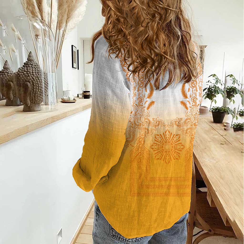 Philippines Barong Style Women Casual Shirt with Polynesian Art and Leaf Motif Yellow Color LT03 - Polynesian Pride