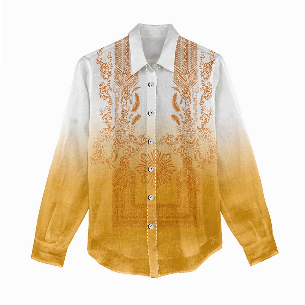 Philippines Barong Style Women Casual Shirt with Polynesian Art and Leaf Motif Yellow Color LT03 - Polynesian Pride