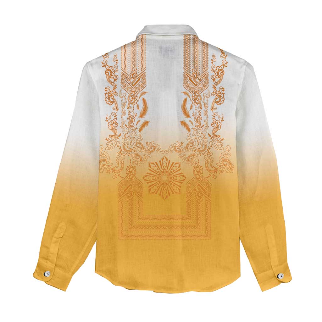 Philippines Barong Style Women Casual Shirt with Polynesian Art and Leaf Motif Yellow Color LT03 - Polynesian Pride