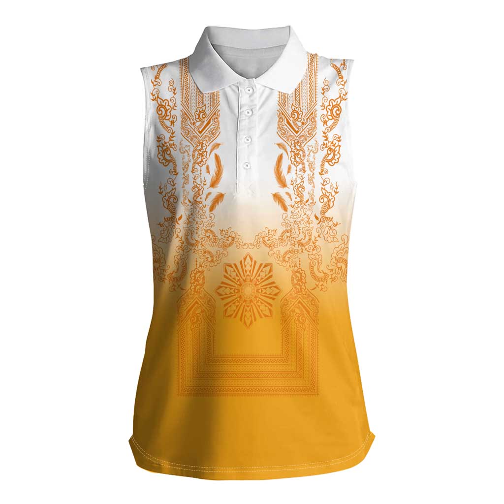 Philippines Barong Style Women Sleeveless Polo Shirt with Polynesian Art and Leaf Motif Yellow Color