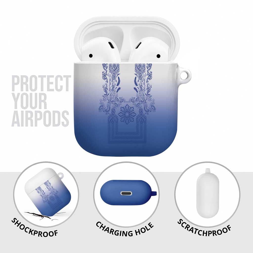 Philippines Barong Style AirPods Case with Polynesian Art and Leaf Motif Blue Color