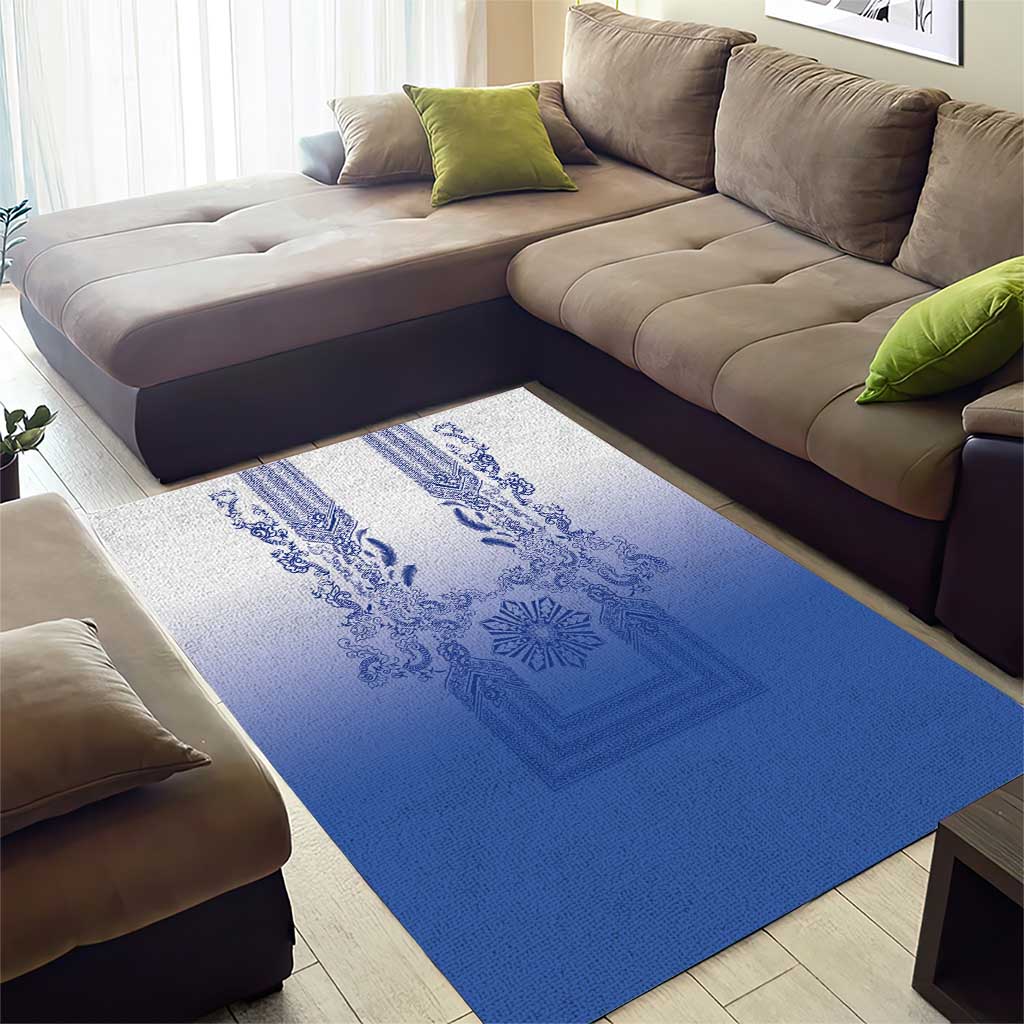 Philippines Barong Style Area Rug with Polynesian Art and Leaf Motif Blue Color
