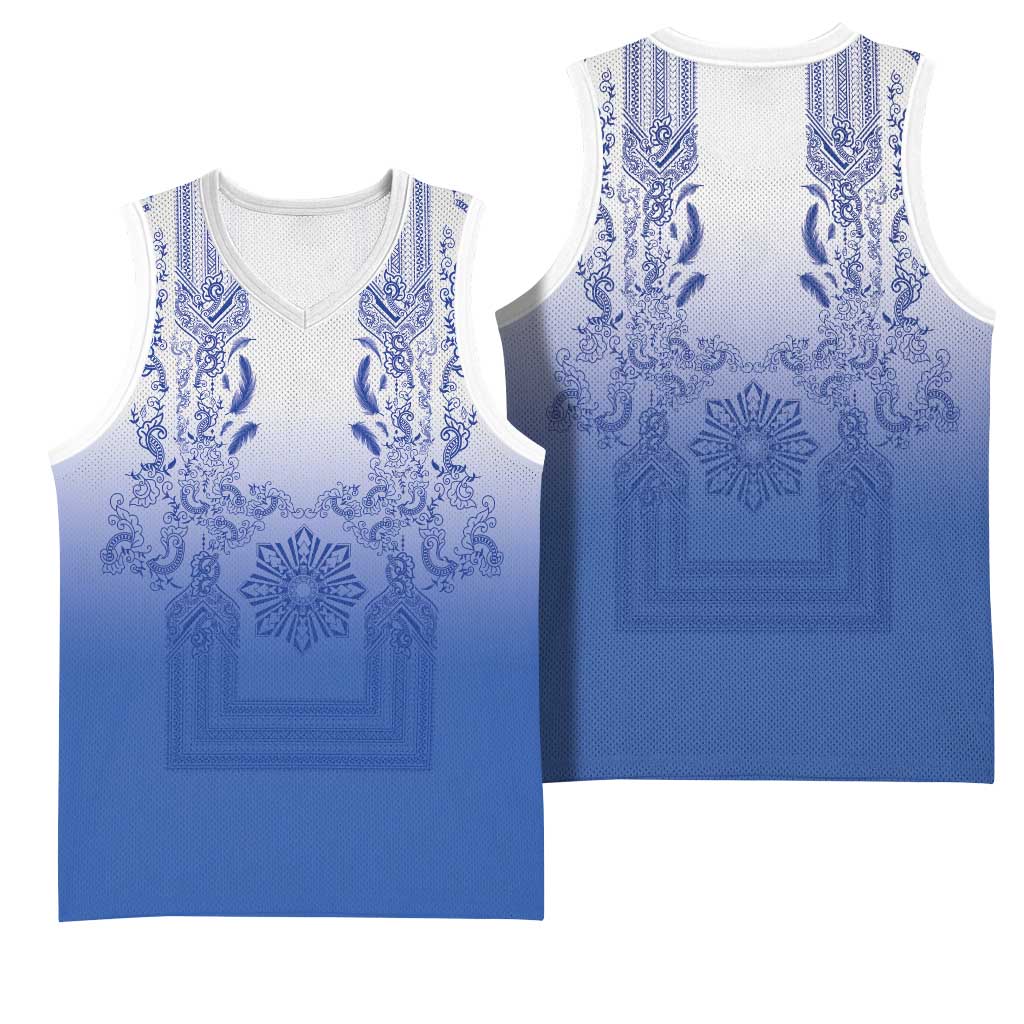 Philippines Barong Style Basketball Jersey with Polynesian Art and Leaf Motif Blue Color
