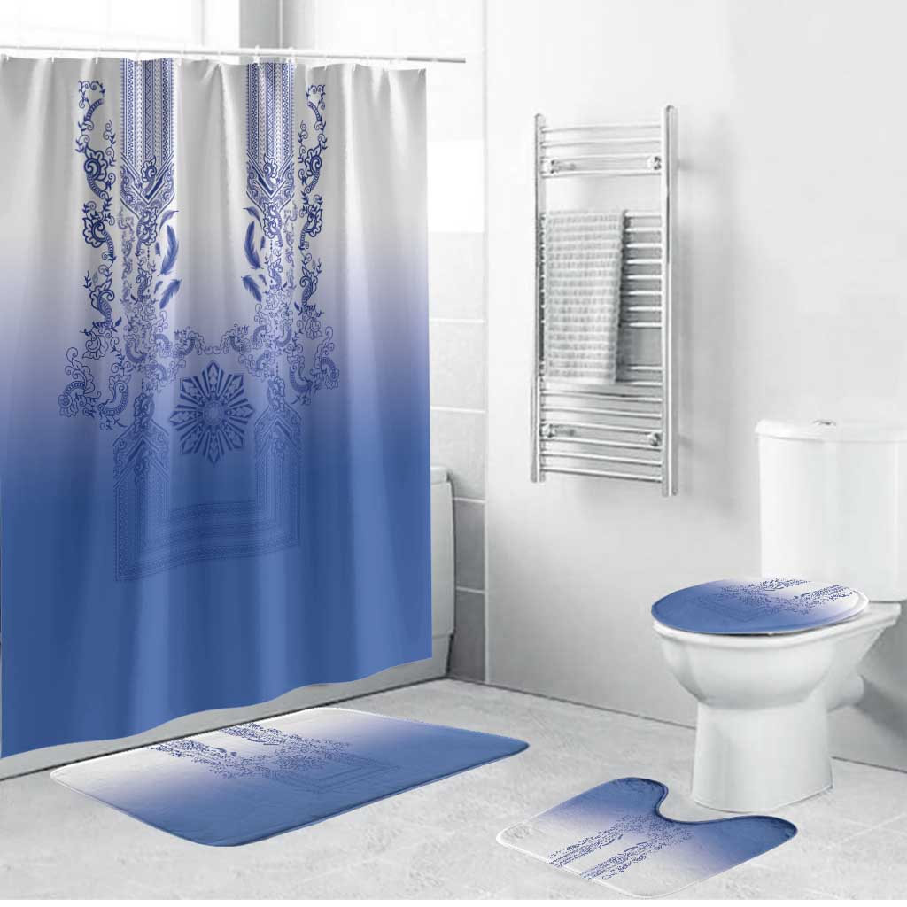 Philippines Barong Style Bathroom Set with Polynesian Art and Leaf Motif Blue Color