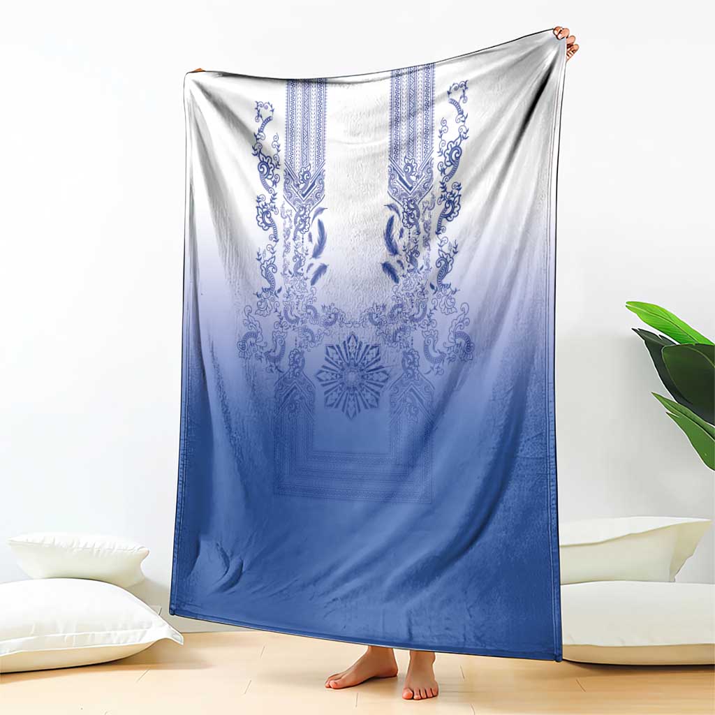Philippines Barong Style Blanket with Polynesian Art and Leaf Motif Blue Color
