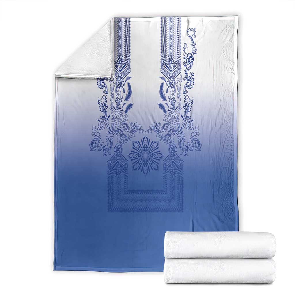 Philippines Barong Style Blanket with Polynesian Art and Leaf Motif Blue Color