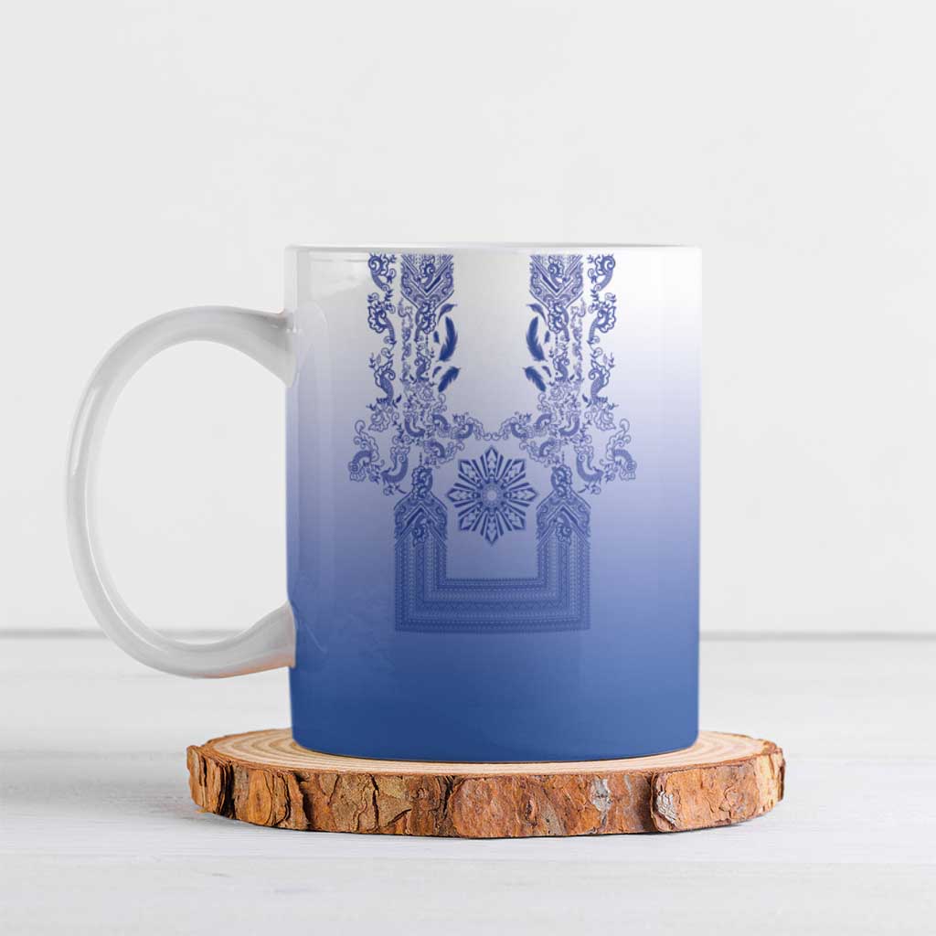 Philippines Barong Style Ceramic Mug with Polynesian Art and Leaf Motif Blue Color
