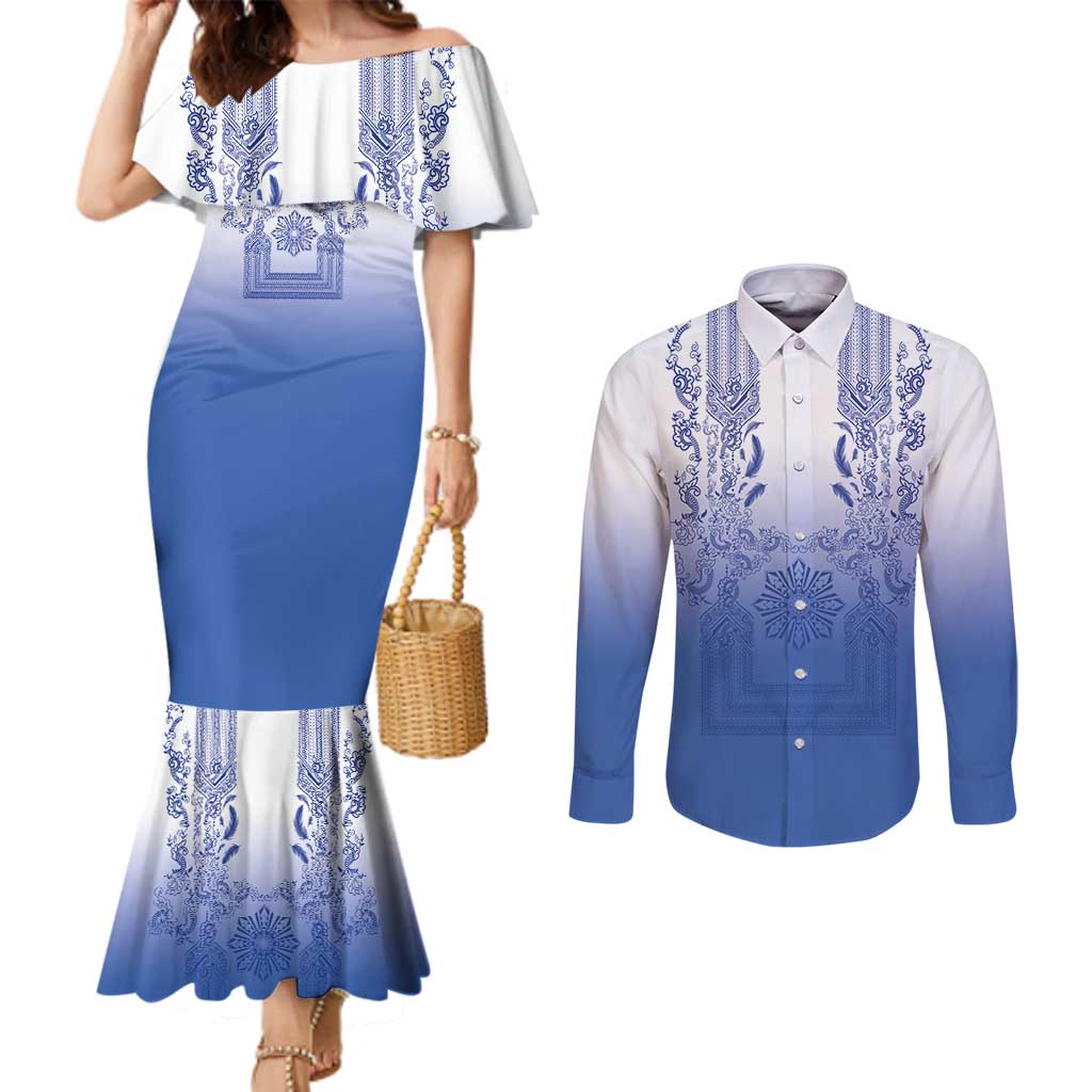 Philippines Barong Style Couples Matching Mermaid Dress and Long Sleeve Button Shirt with Polynesian Art and Leaf Motif Blue Color