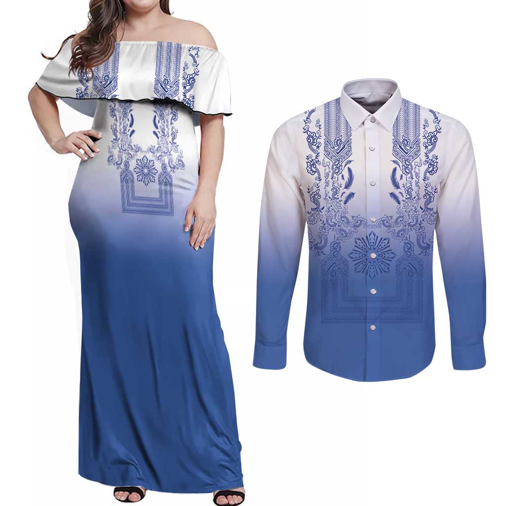 Philippines Barong Style Couples Matching Off Shoulder Maxi Dress and Long Sleeve Button Shirt with Polynesian Art and Leaf Motif Blue Color