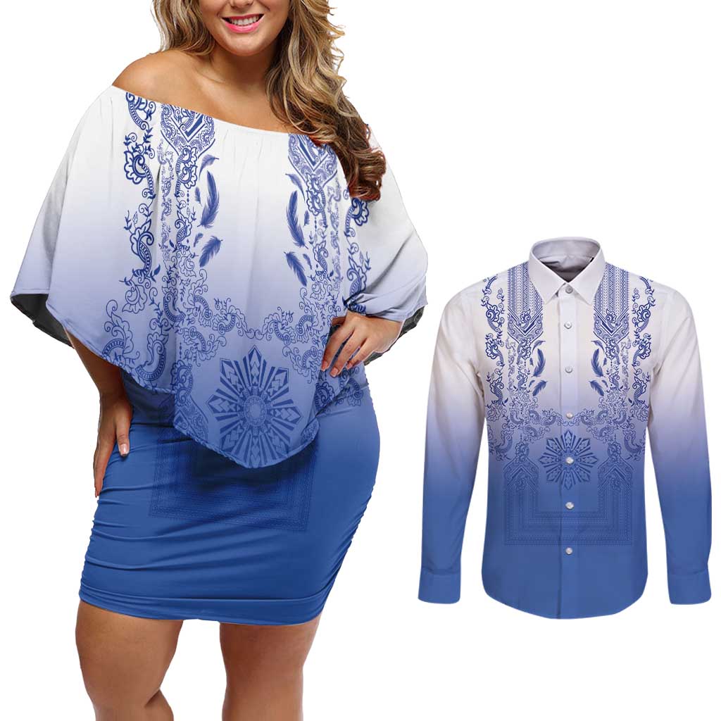 Philippines Barong Style Couples Matching Off Shoulder Short Dress and Long Sleeve Button Shirt with Polynesian Art and Leaf Motif Blue Color LT03 Blue - Polynesian Pride