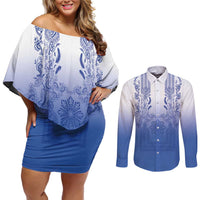 Philippines Barong Style Couples Matching Off Shoulder Short Dress and Long Sleeve Button Shirt with Polynesian Art and Leaf Motif Blue Color LT03 Blue - Polynesian Pride