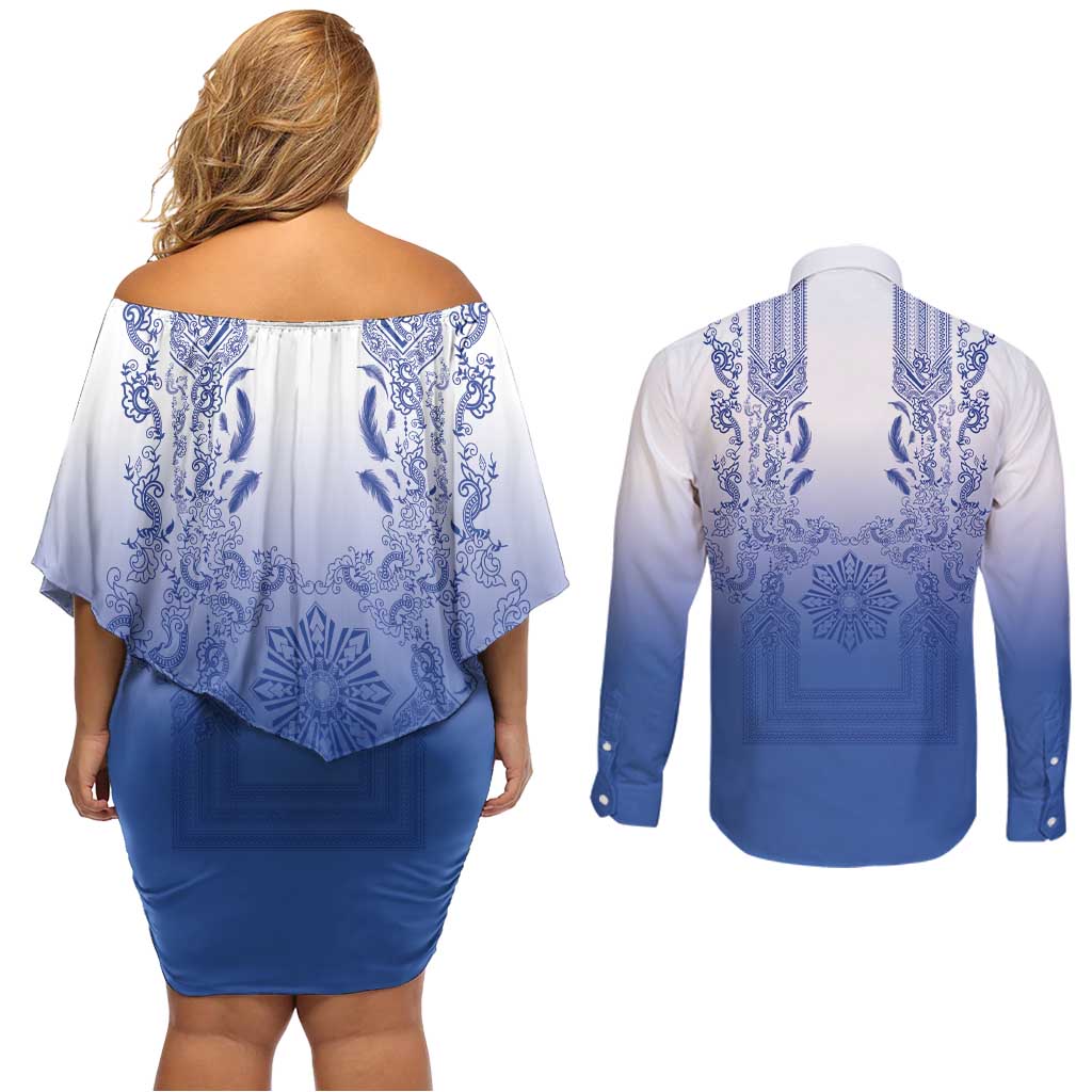Philippines Barong Style Couples Matching Off Shoulder Short Dress and Long Sleeve Button Shirt with Polynesian Art and Leaf Motif Blue Color LT03 - Polynesian Pride