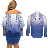 Philippines Barong Style Couples Matching Off Shoulder Short Dress and Long Sleeve Button Shirt with Polynesian Art and Leaf Motif Blue Color LT03 - Polynesian Pride