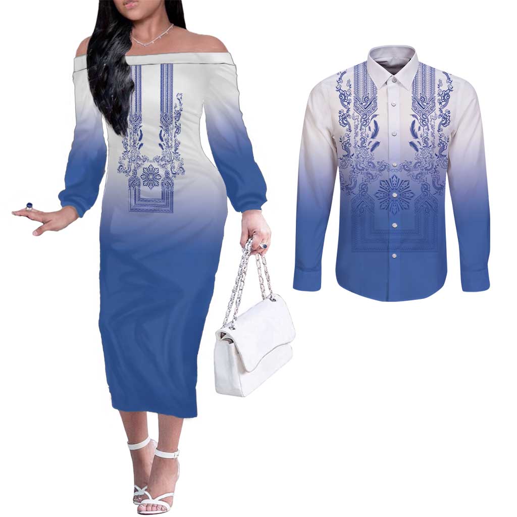 Philippines Barong Style Couples Matching Off The Shoulder Long Sleeve Dress and Long Sleeve Button Shirt with Polynesian Art and Leaf Motif Blue Color