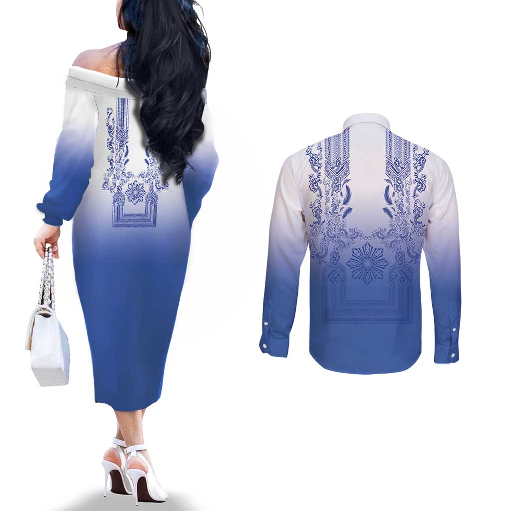 Philippines Barong Style Couples Matching Off The Shoulder Long Sleeve Dress and Long Sleeve Button Shirt with Polynesian Art and Leaf Motif Blue Color