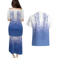 Philippines Barong Style Couples Matching Puletasi and Hawaiian Shirt with Polynesian Art and Leaf Motif Blue Color LT03 - Polynesian Pride