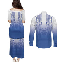 Philippines Barong Style Couples Matching Puletasi and Long Sleeve Button Shirt with Polynesian Art and Leaf Motif Blue Color