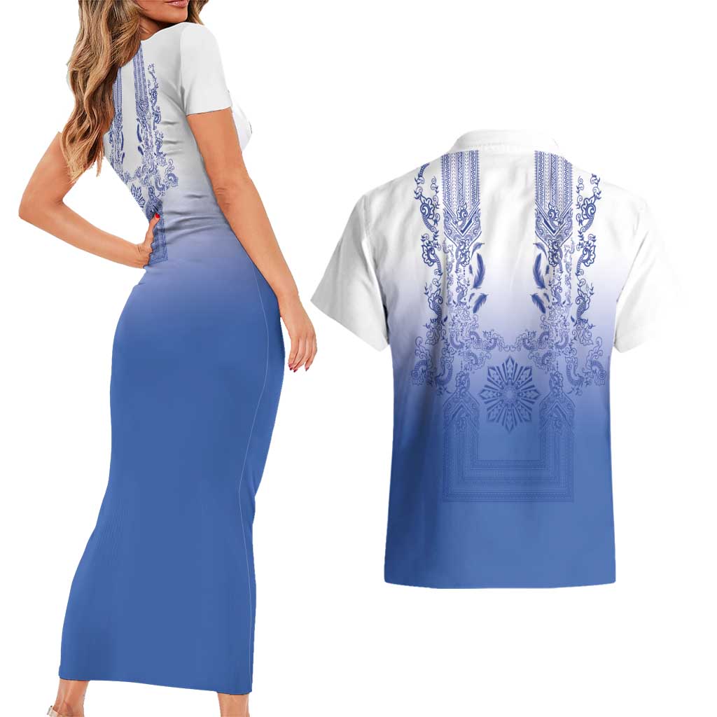 Philippines Barong Style Couples Matching Short Sleeve Bodycon Dress and Hawaiian Shirt with Polynesian Art and Leaf Motif Blue Color