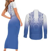 Philippines Barong Style Couples Matching Short Sleeve Bodycon Dress and Long Sleeve Button Shirt with Polynesian Art and Leaf Motif Blue Color