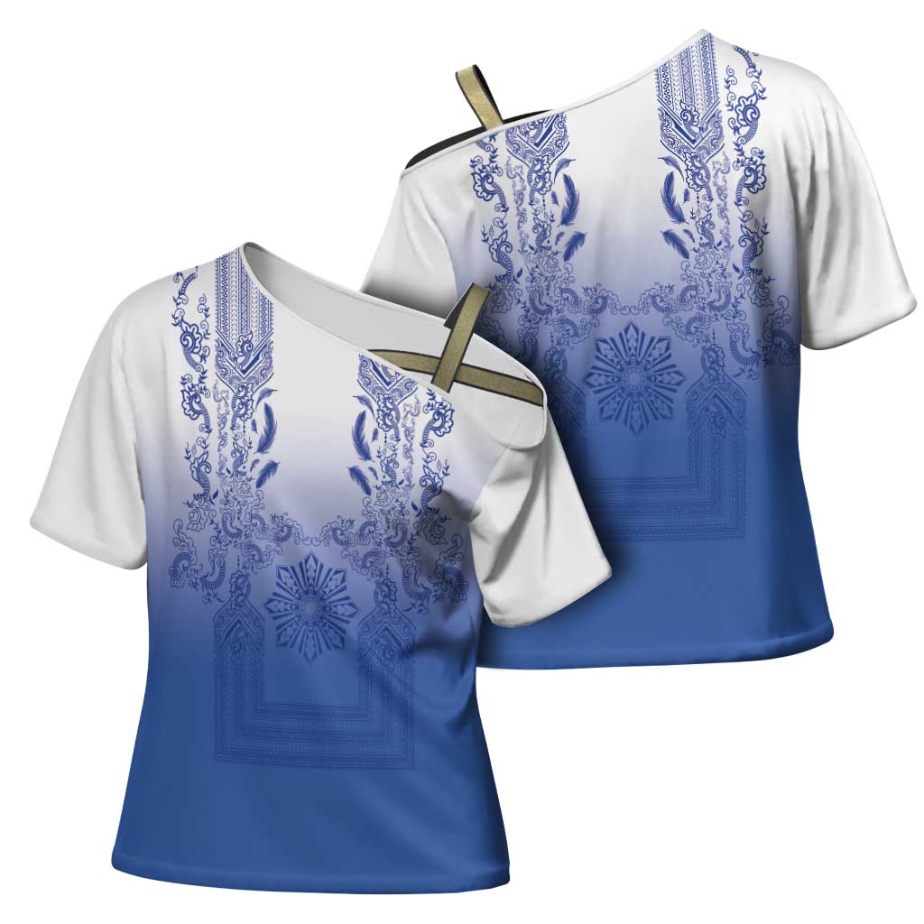 Philippines Barong Style Cross Shoulder Shirt with Polynesian Art and Leaf Motif Blue Color
