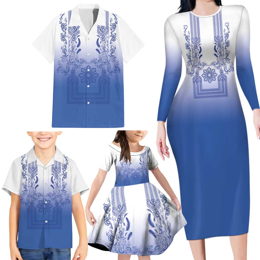Philippines Barong Style Family Matching Long Sleeve Bodycon Dress and Hawaiian Shirt with Polynesian Art and Leaf Motif Blue Color