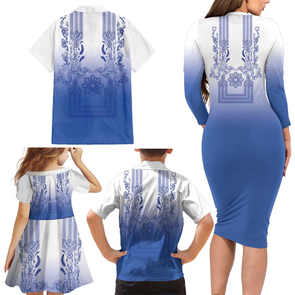 Philippines Barong Style Family Matching Long Sleeve Bodycon Dress and Hawaiian Shirt with Polynesian Art and Leaf Motif Blue Color