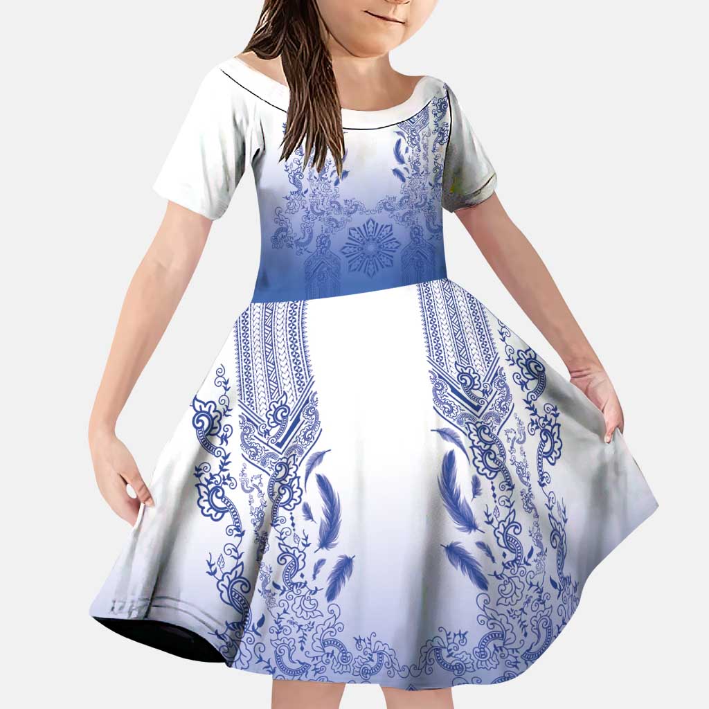Philippines Barong Style Family Matching Mermaid Dress and Hawaiian Shirt with Polynesian Art and Leaf Motif Blue Color LT03 Daughter's Dress Blue - Polynesian Pride