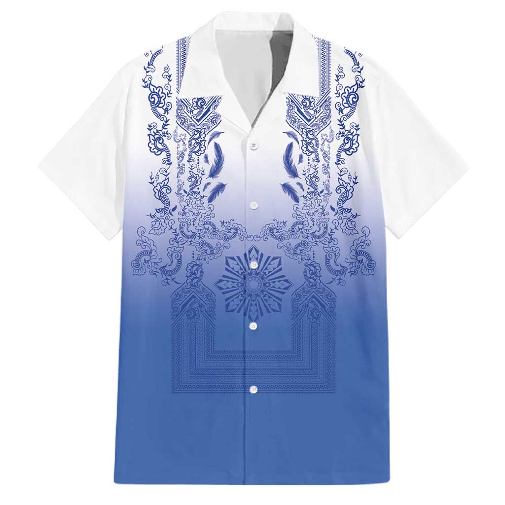 Philippines Barong Style Family Matching Mermaid Dress and Hawaiian Shirt with Polynesian Art and Leaf Motif Blue Color LT03 Dad's Shirt - Short Sleeve Blue - Polynesian Pride