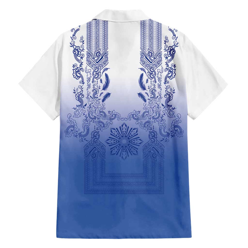 Philippines Barong Style Family Matching Mermaid Dress and Hawaiian Shirt with Polynesian Art and Leaf Motif Blue Color LT03 - Polynesian Pride