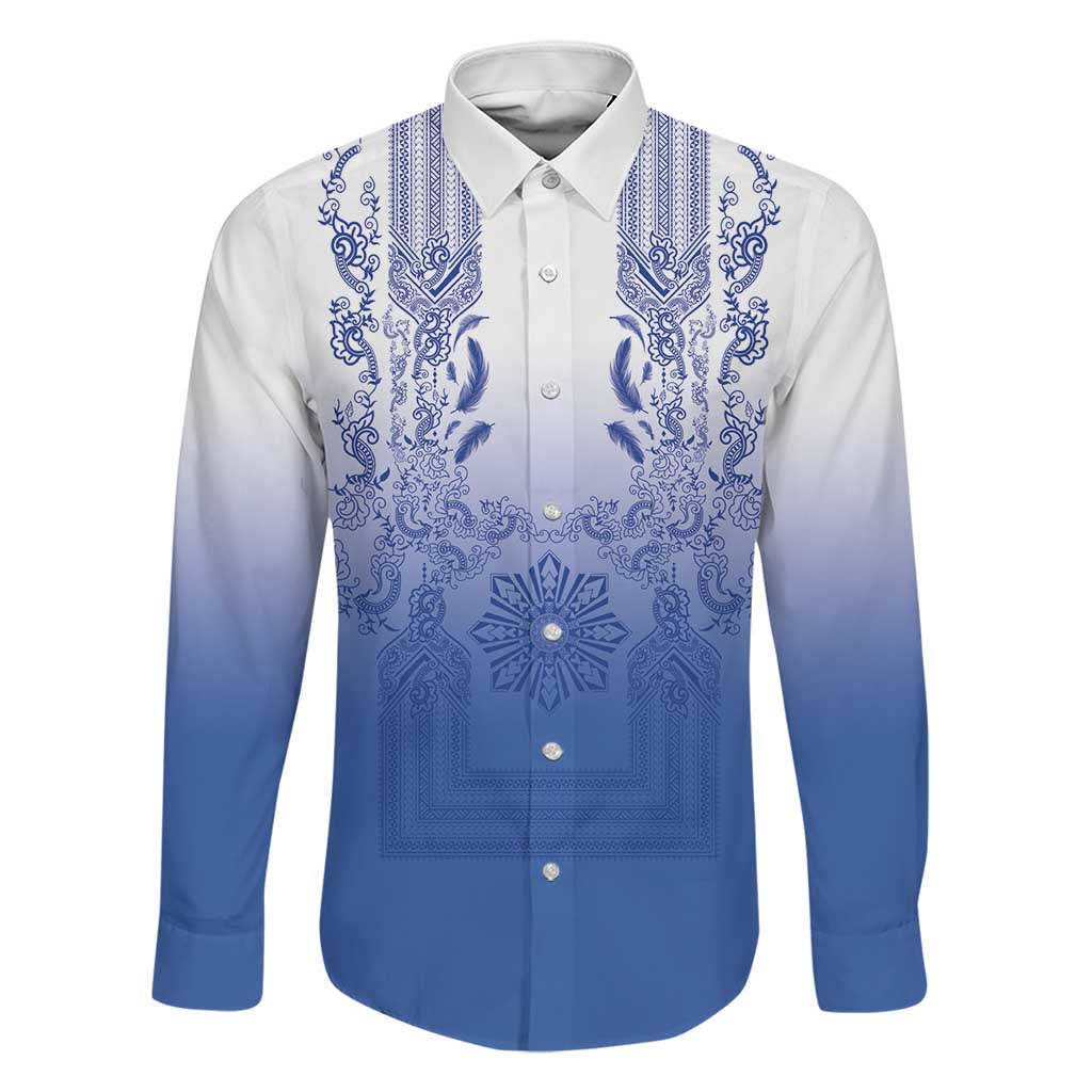 Philippines Barong Style Family Matching Mermaid Dress and Hawaiian Shirt with Polynesian Art and Leaf Motif Blue Color LT03 Dad's Shirt - Long Sleeve Blue - Polynesian Pride