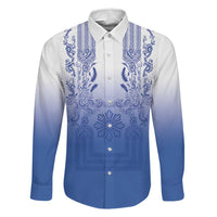 Philippines Barong Style Family Matching Mermaid Dress and Hawaiian Shirt with Polynesian Art and Leaf Motif Blue Color LT03 Dad's Shirt - Long Sleeve Blue - Polynesian Pride