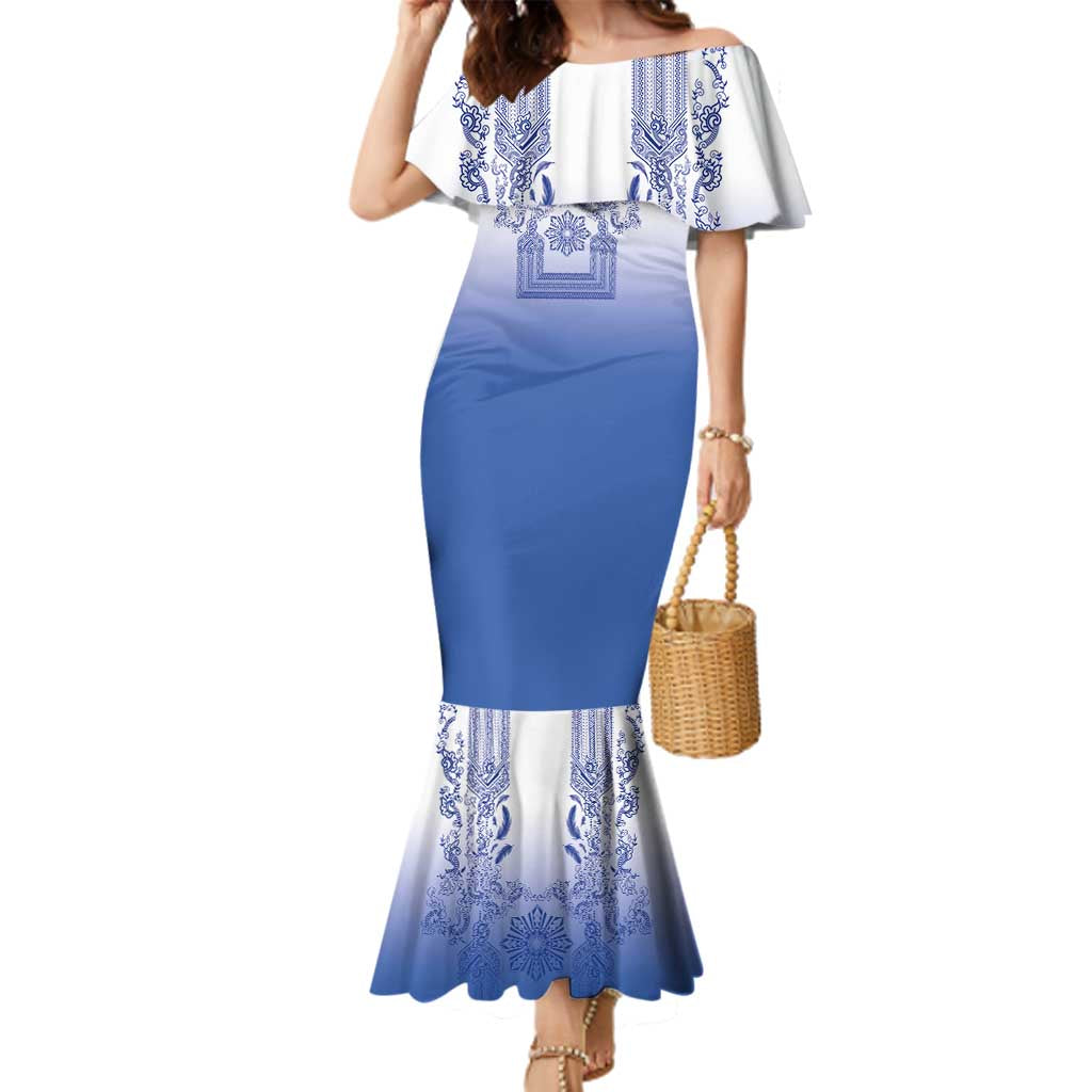 Philippines Barong Style Family Matching Mermaid Dress and Hawaiian Shirt with Polynesian Art and Leaf Motif Blue Color LT03 Mom's Dress Blue - Polynesian Pride