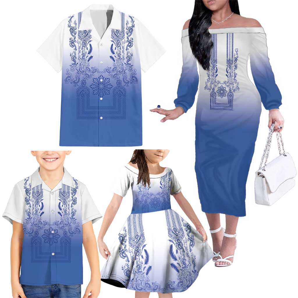 Philippines Barong Style Family Matching Off The Shoulder Long Sleeve Dress and Hawaiian Shirt with Polynesian Art and Leaf Motif Blue Color