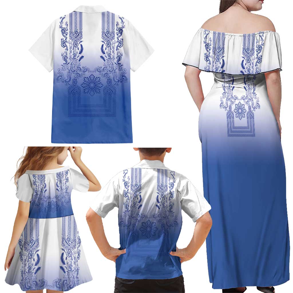 Philippines Barong Style Family Matching Off Shoulder Maxi Dress and Hawaiian Shirt with Polynesian Art and Leaf Motif Blue Color
