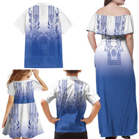 Philippines Barong Style Family Matching Off Shoulder Maxi Dress and Hawaiian Shirt with Polynesian Art and Leaf Motif Blue Color