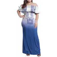Philippines Barong Style Family Matching Off Shoulder Maxi Dress and Hawaiian Shirt with Polynesian Art and Leaf Motif Blue Color