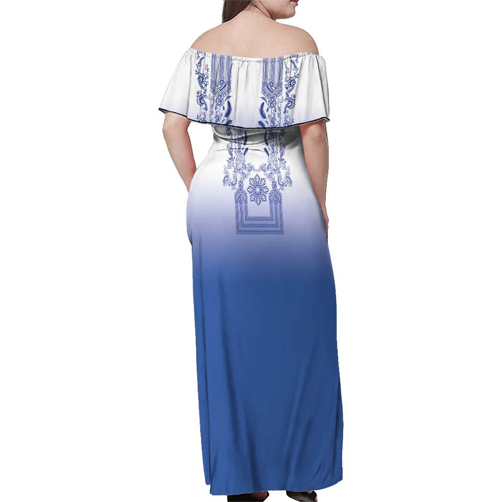 Philippines Barong Style Family Matching Off Shoulder Maxi Dress and Hawaiian Shirt with Polynesian Art and Leaf Motif Blue Color