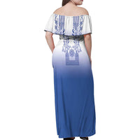 Philippines Barong Style Family Matching Off Shoulder Maxi Dress and Hawaiian Shirt with Polynesian Art and Leaf Motif Blue Color