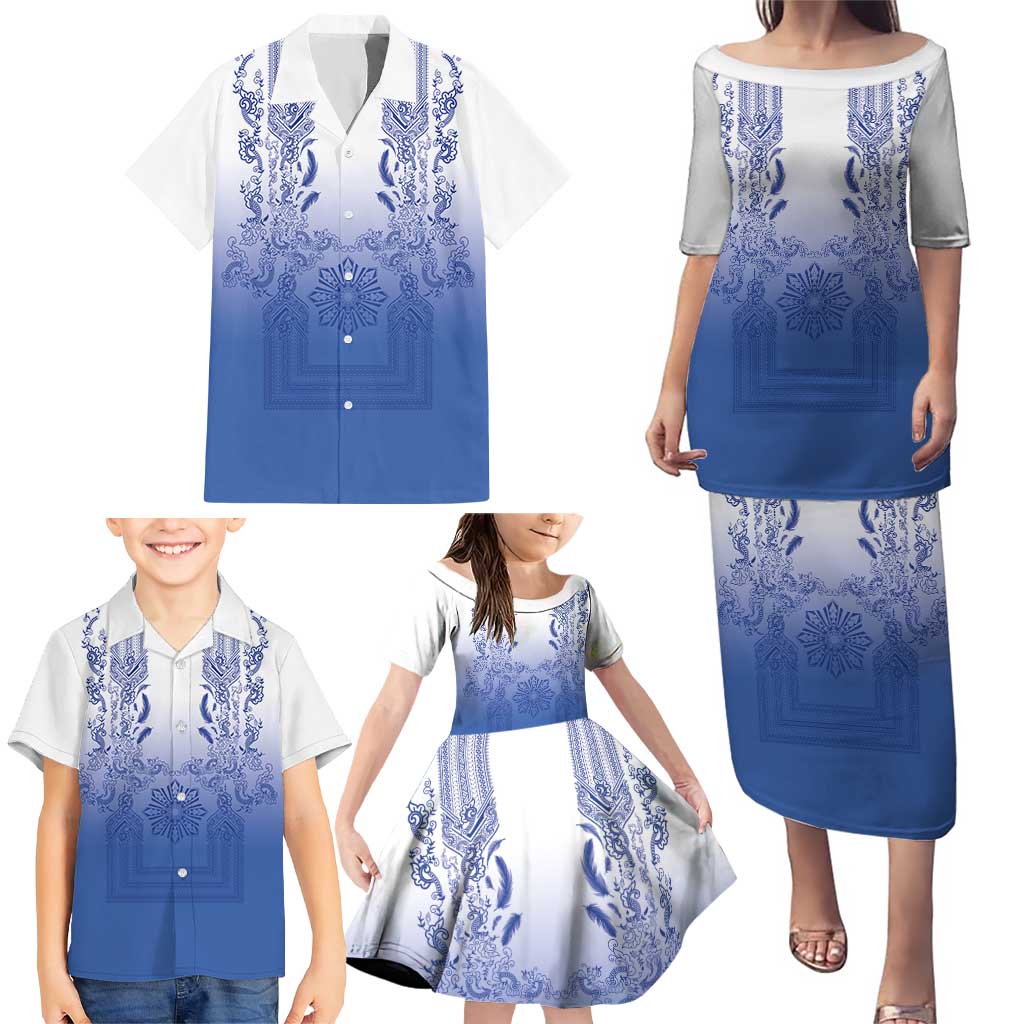 Philippines Barong Style Family Matching Puletasi and Hawaiian Shirt with Polynesian Art and Leaf Motif Blue Color