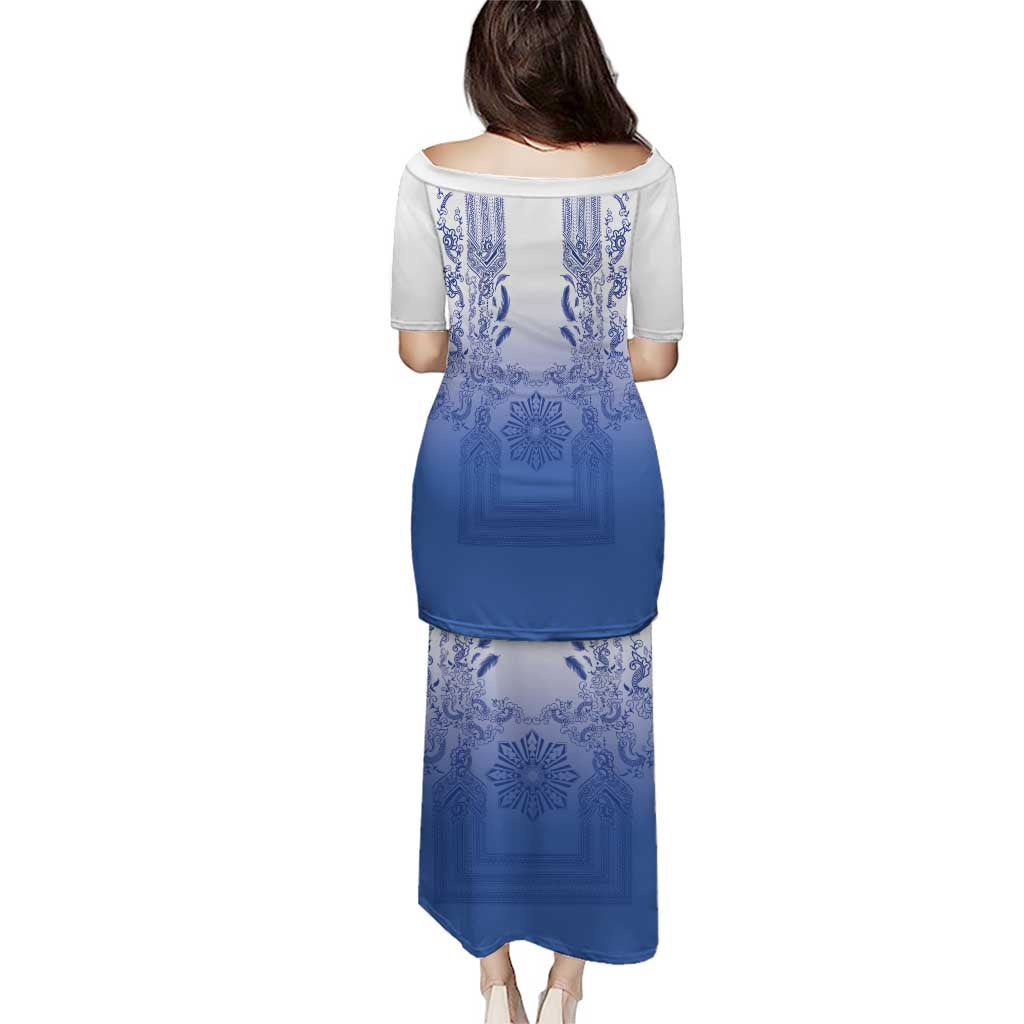 Philippines Barong Style Family Matching Puletasi and Hawaiian Shirt with Polynesian Art and Leaf Motif Blue Color