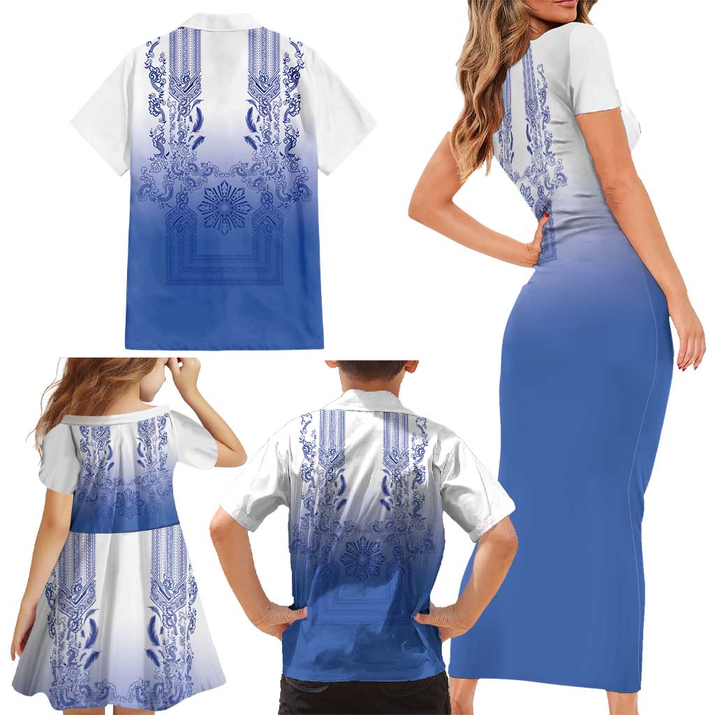 Philippines Barong Style Family Matching Short Sleeve Bodycon Dress and Hawaiian Shirt with Polynesian Art and Leaf Motif Blue Color