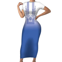 Philippines Barong Style Family Matching Short Sleeve Bodycon Dress and Hawaiian Shirt with Polynesian Art and Leaf Motif Blue Color