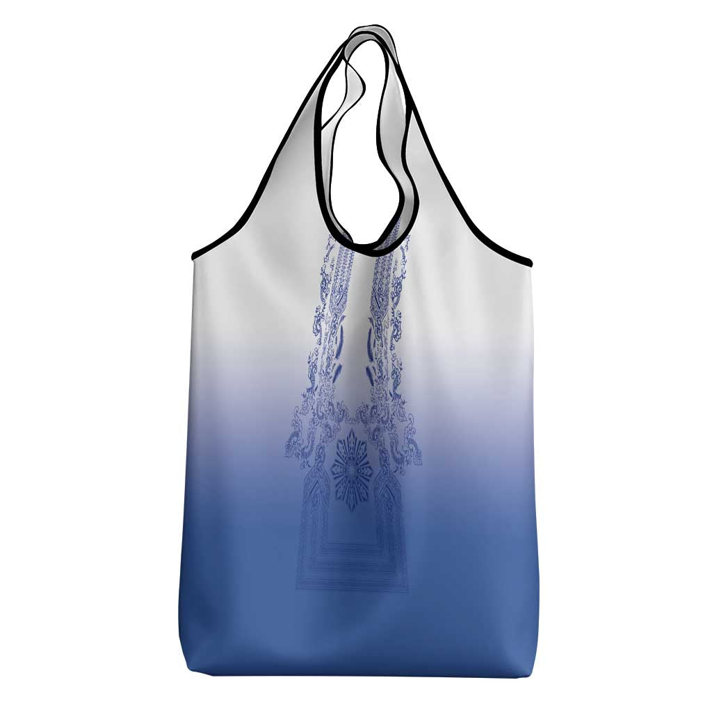 Philippines Barong Style Grocery Bag with Polynesian Art and Leaf Motif Blue Color