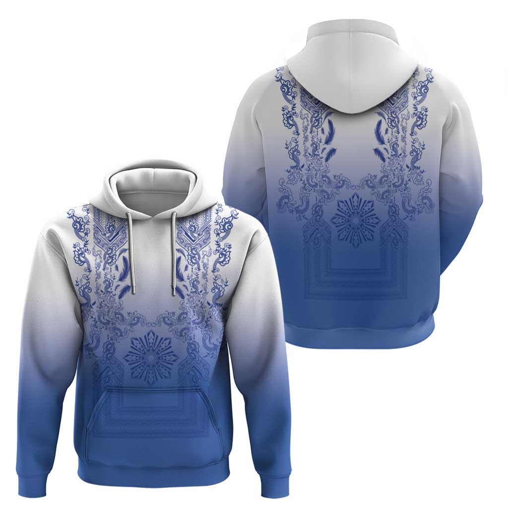 Philippines Barong Style Hoodie with Polynesian Art and Leaf Motif Blue Color
