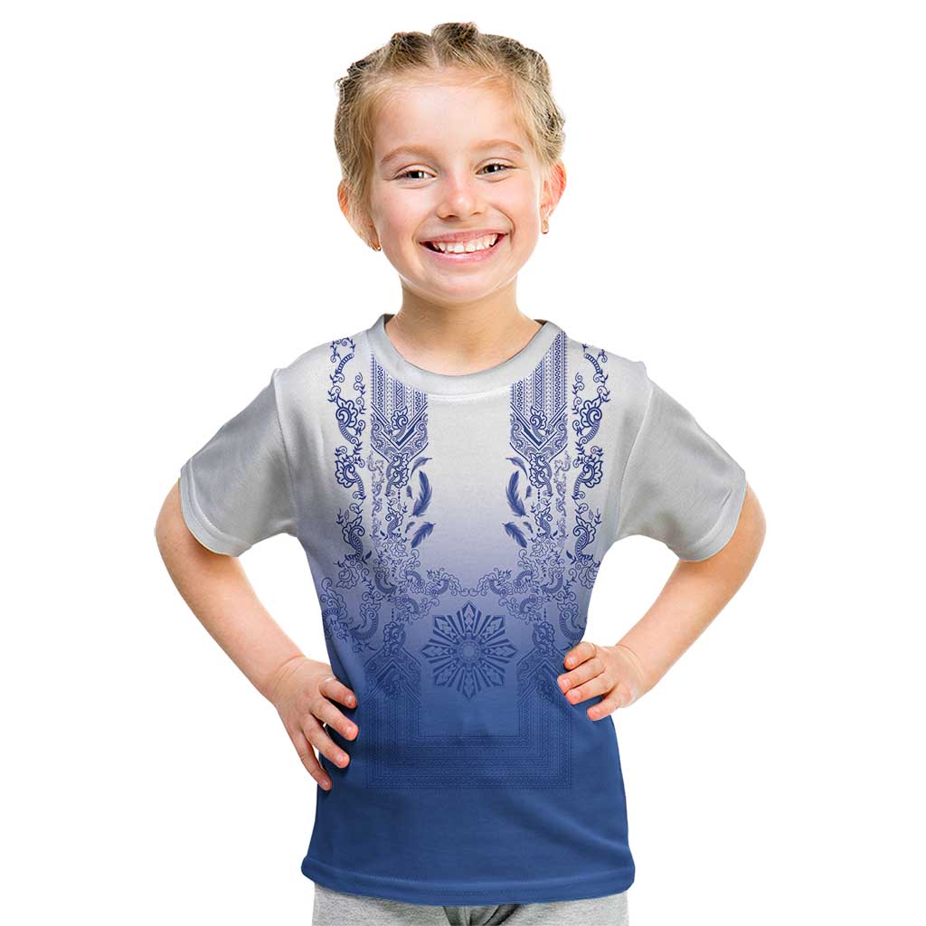 Philippines Barong Style Kid T Shirt with Polynesian Art and Leaf Motif Blue Color