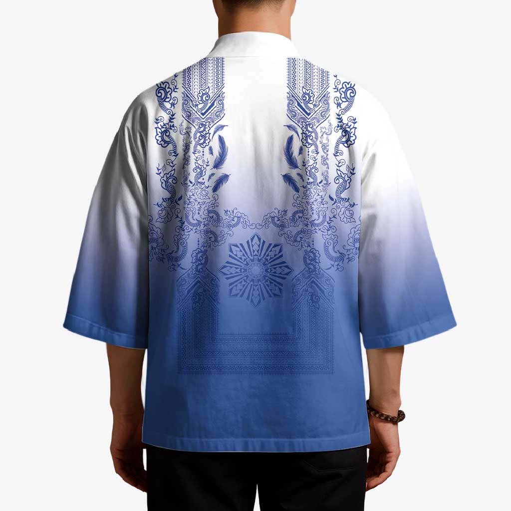Philippines Barong Style Kimono with Polynesian Art and Leaf Motif Blue Color LT03 - Polynesian Pride